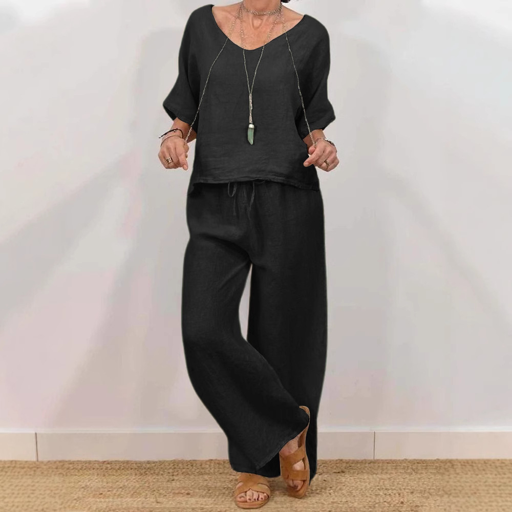 Womens Multi-Color Two-Piece Set Casual V-Neck Pullover With Three-Quarter Sleeves And Extended Pants - Image 3