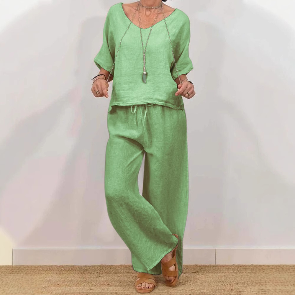 Womens Multi-Color Two-Piece Set Casual V-Neck Pullover With Three-Quarter Sleeves And Extended Pants - Image 4