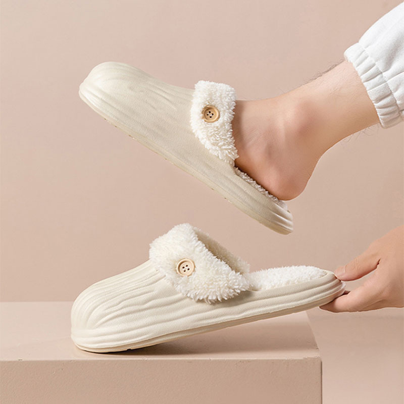 New Detachable House Slippers Winter Warm Waterproof Removable Fluffy Slippers With Button Design Non-slip Plush Shoes For Women Men - Image 3