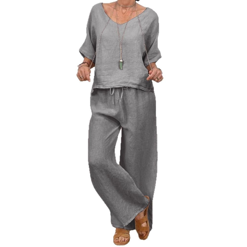 Womens Multi-Color Two-Piece Set Casual V-Neck Pullover With Three-Quarter Sleeves And Extended Pants - Image 5