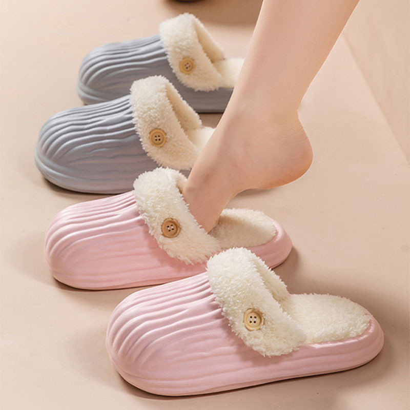 New Detachable House Slippers Winter Warm Waterproof Removable Fluffy Slippers With Button Design Non-slip Plush Shoes For Women Men - Image 7