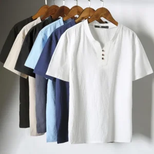 Cotton Men T shirt V Neck Buttons Decoration Short Sleeved Retro T shirt Soft Breathable All Match Summer Men Casual Tee